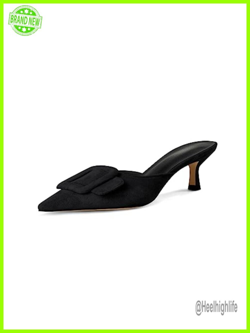 Kitten Heel Mules Suede Pointed Toe Square Buckle Backless Slip On Dress Sandals